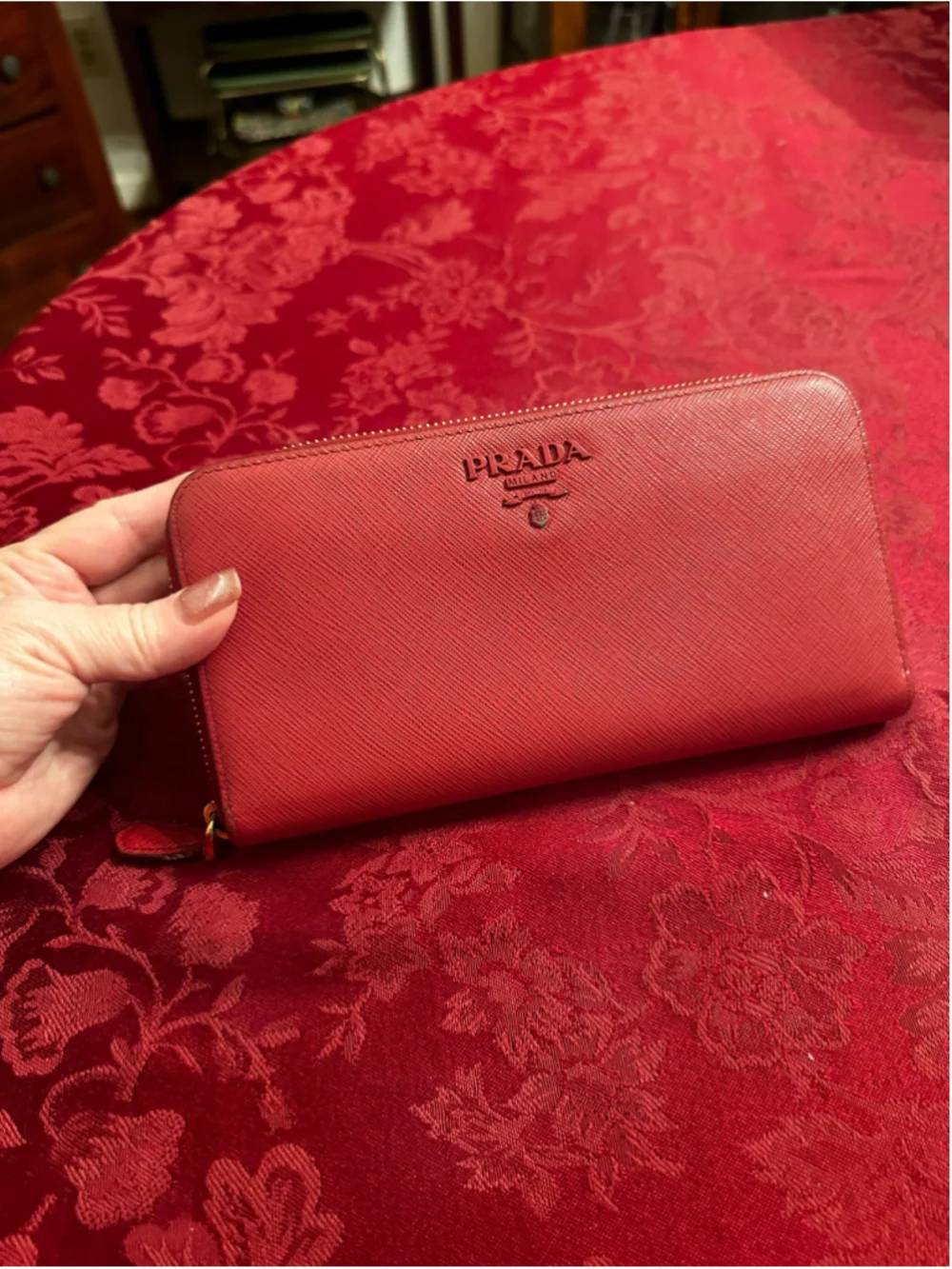 Prada Red Saffiano Leather Long Zip Around Wallet